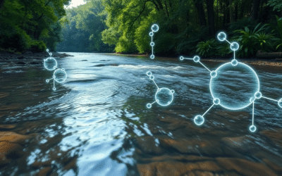 Tiszta folyó, amely buja zöld növényzeten keresztül folyik, és a vízbe és a környezetbe keveredő finom, absztrakt kémiai molekulák szimbolizálják a...