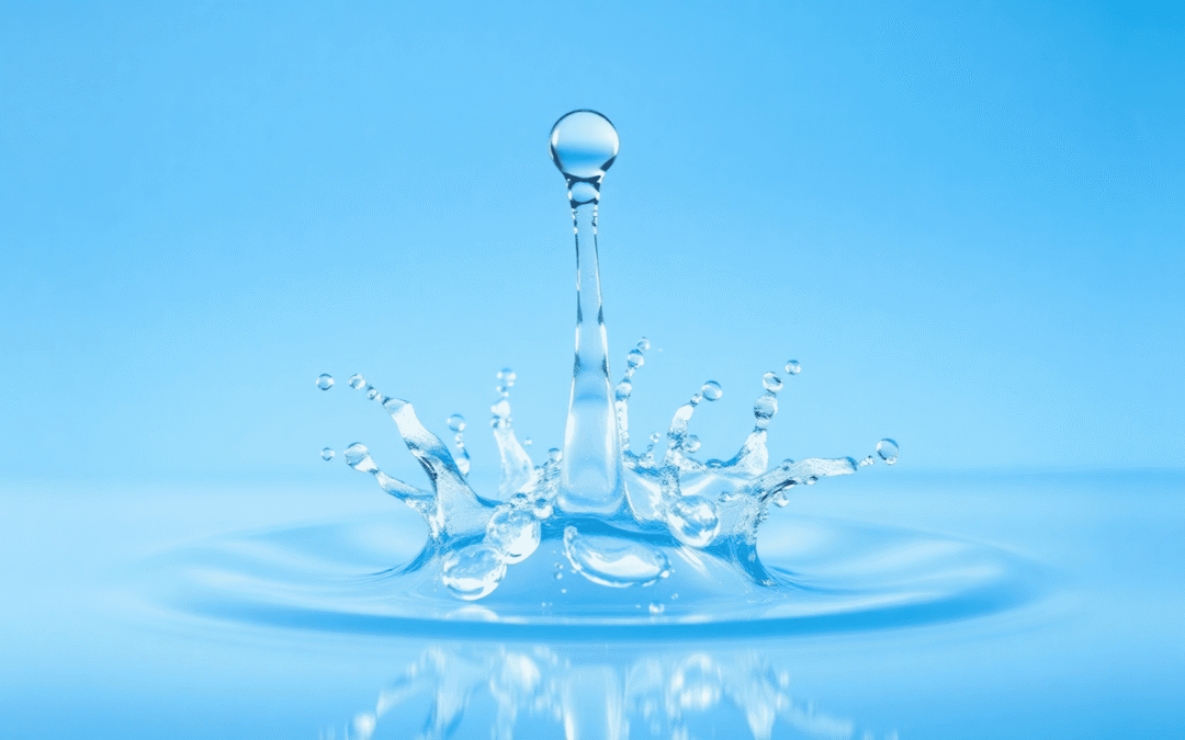 Tiszta, kristálytiszta vízcsepp, amely szimmetrikus klaszterekre törik, lágy kék háttérrel és fénylő energiahullámokkal, a tisztított víz és az éle...