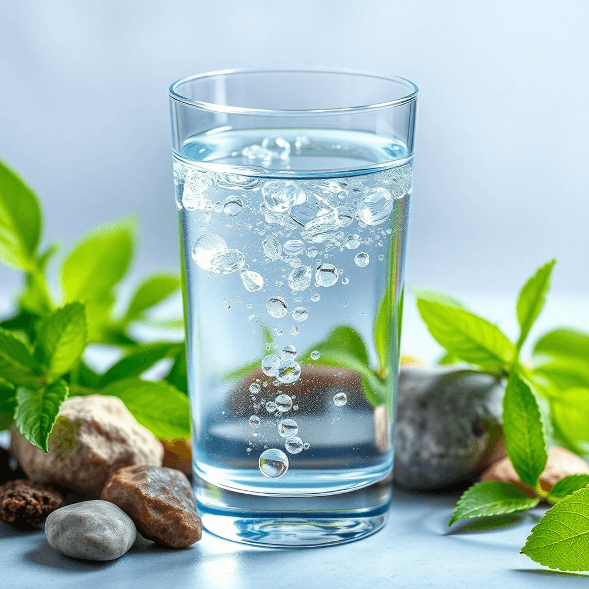 Tiszta üveg víz csillogó cseppekkel, friss zöld levelek és természetes ásványkövek között, a tisztaságot és egészséget jelképezve.