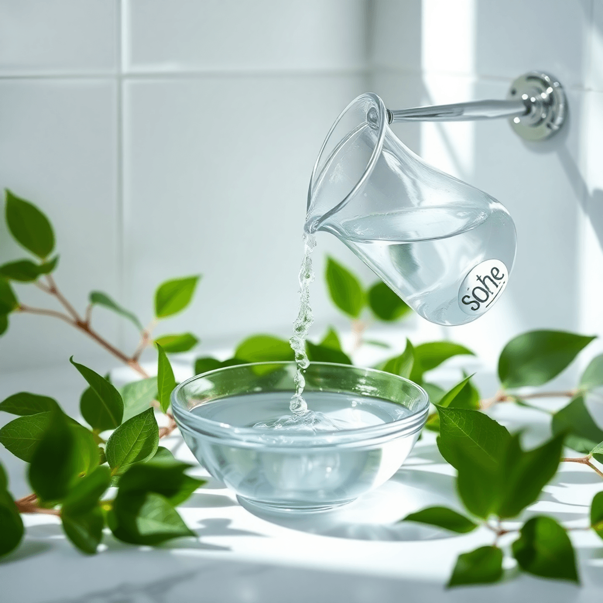 Tiszta vízzel töltött üvegkancsó, mellette kis tál és zöld levelek egy nyugodt fürdőszobai környezetben, természetes fényben.